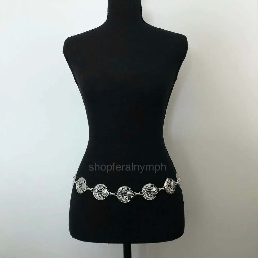 Vintage Y2K Celestial Silver Sun and Moon Chain Belt, 19.5–39 Inches, X7GA1149